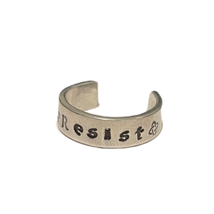 Handmade 9/10 stamped silver‎ pewter motivational “resist” adjustable cuff ring